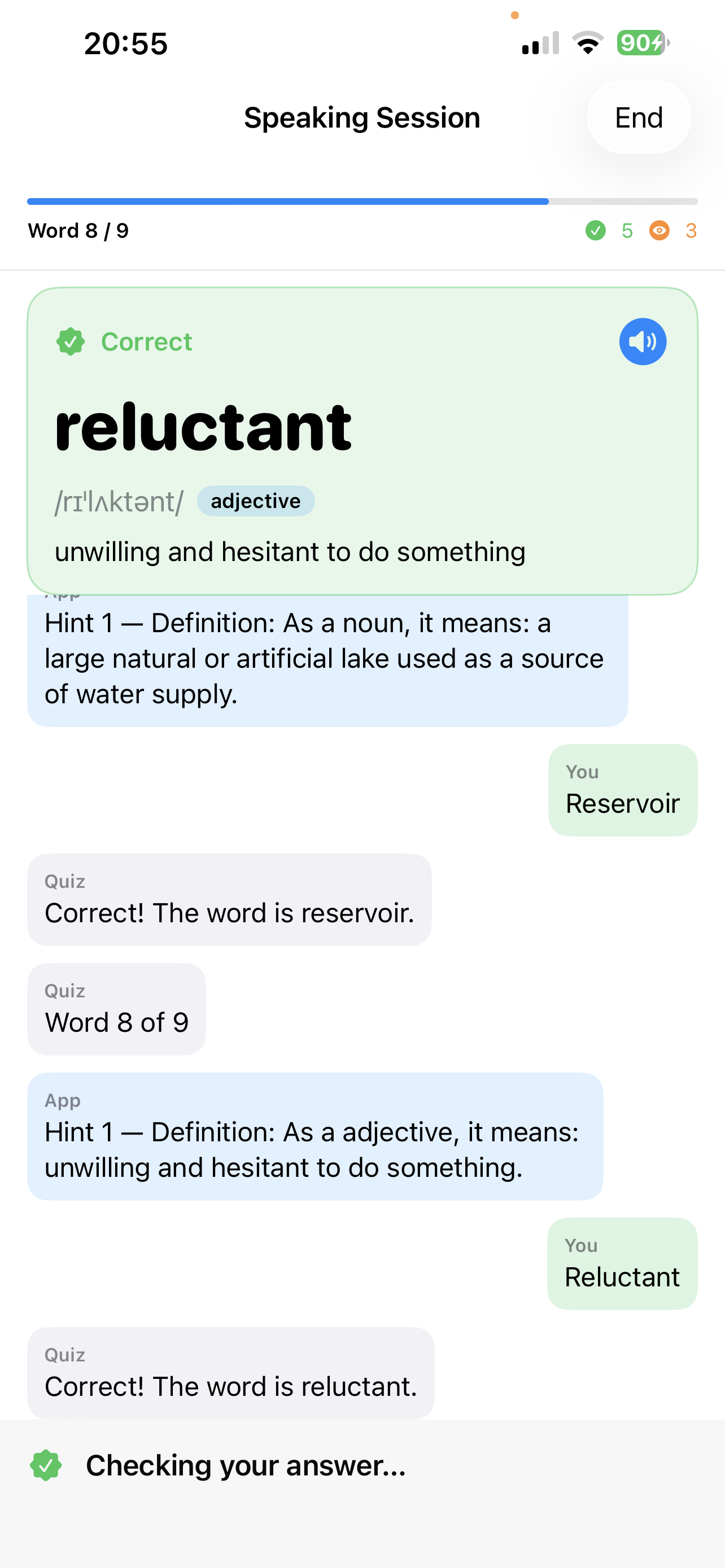 Speaking session with the highlighted answer card and the live conversation transcript