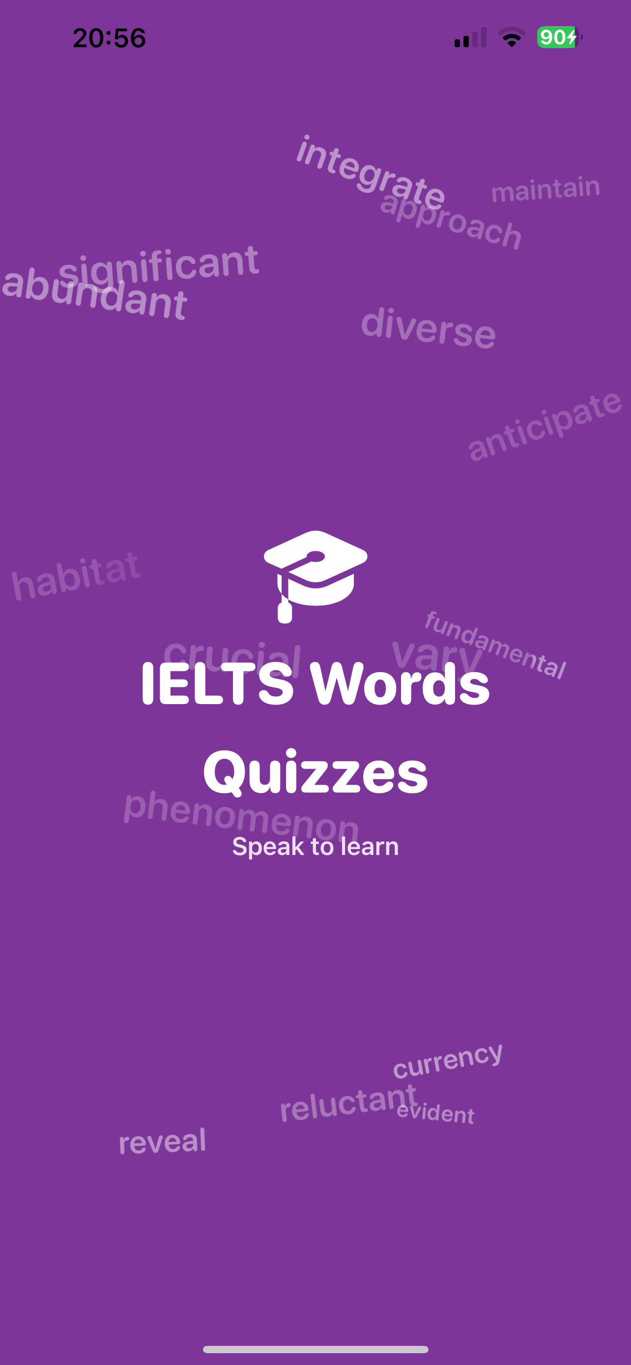 Animated launch screen with IELTS words scattered around the title