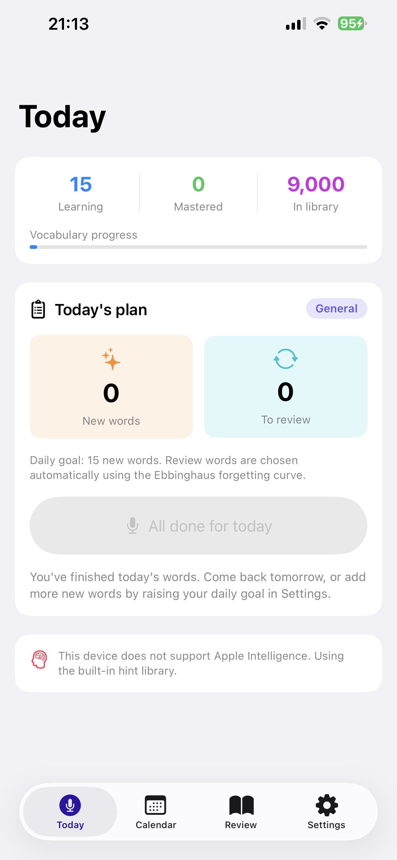 Today screen showing the daily study plan, vocabulary progress, and exam-type badge