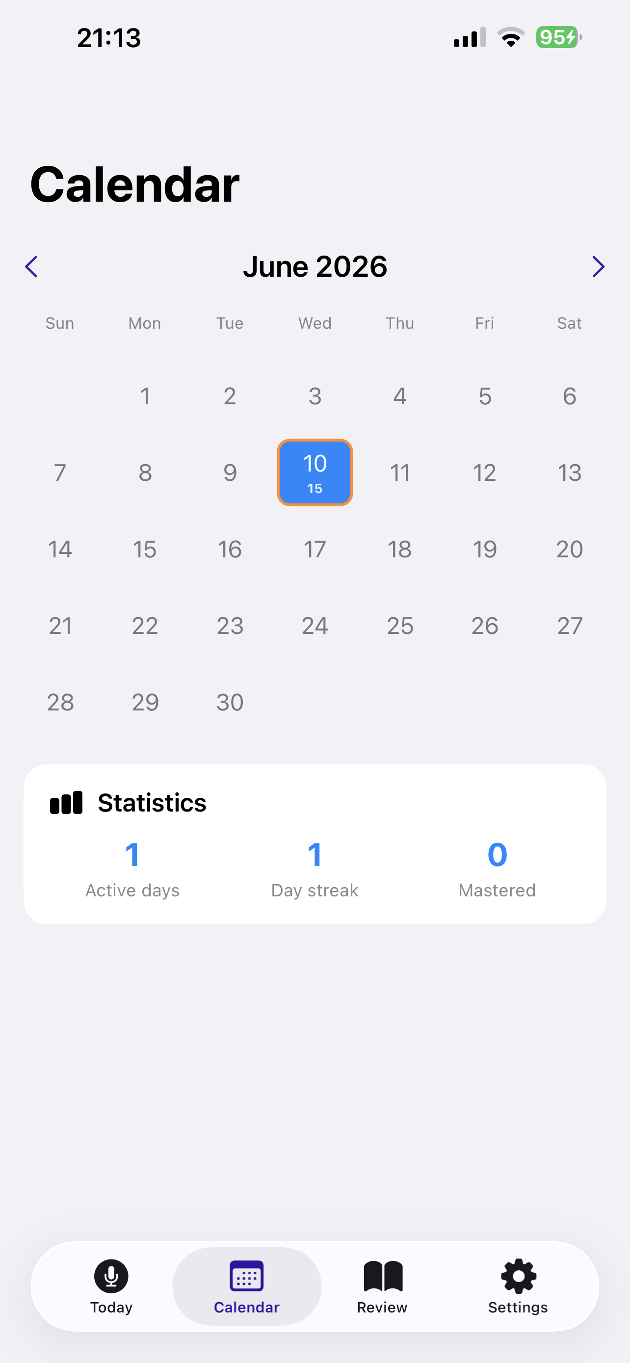 Calendar tracker with study streak and statistics