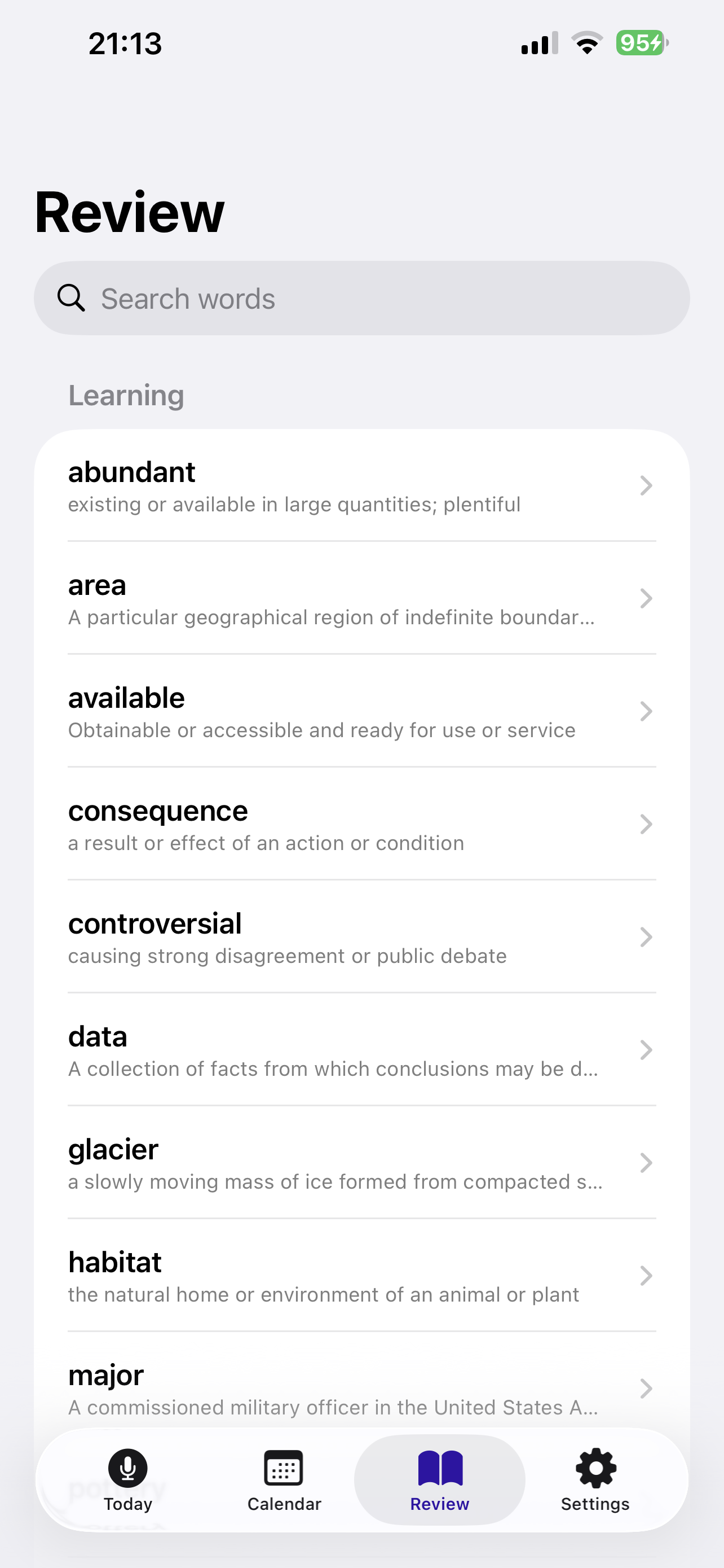 Review list of learned words grouped by mastery, with search