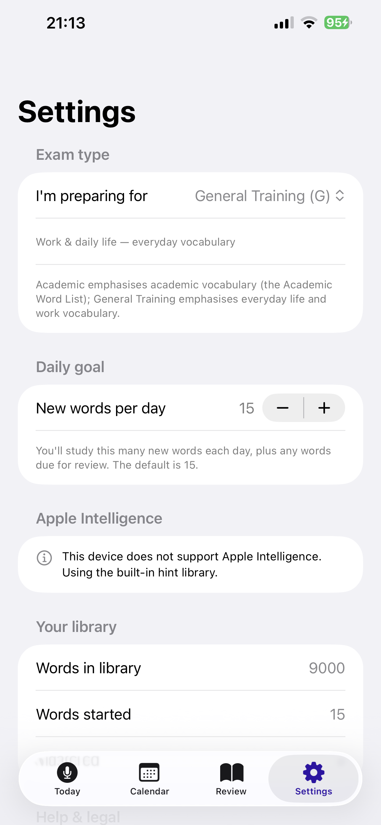Settings screen with Academic or General Training exam type and the daily goal stepper